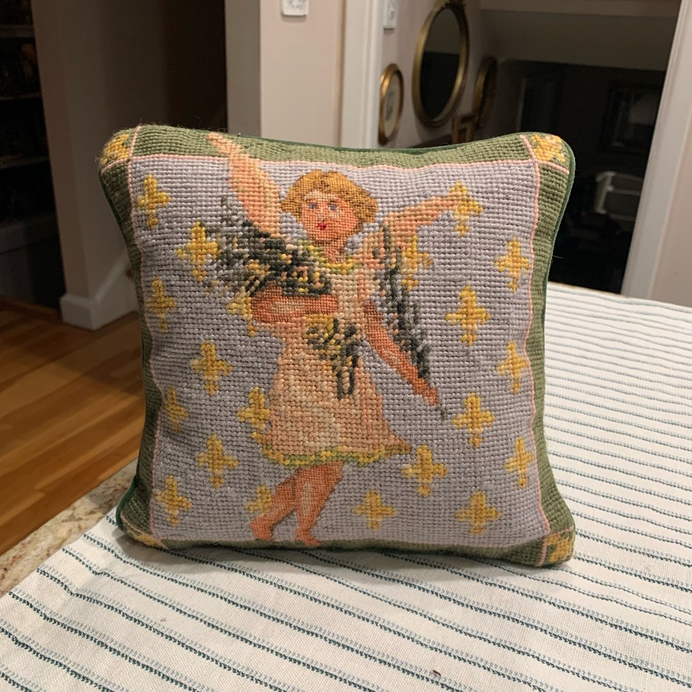 Vintage Needlepoint Angel Christmas Pillow